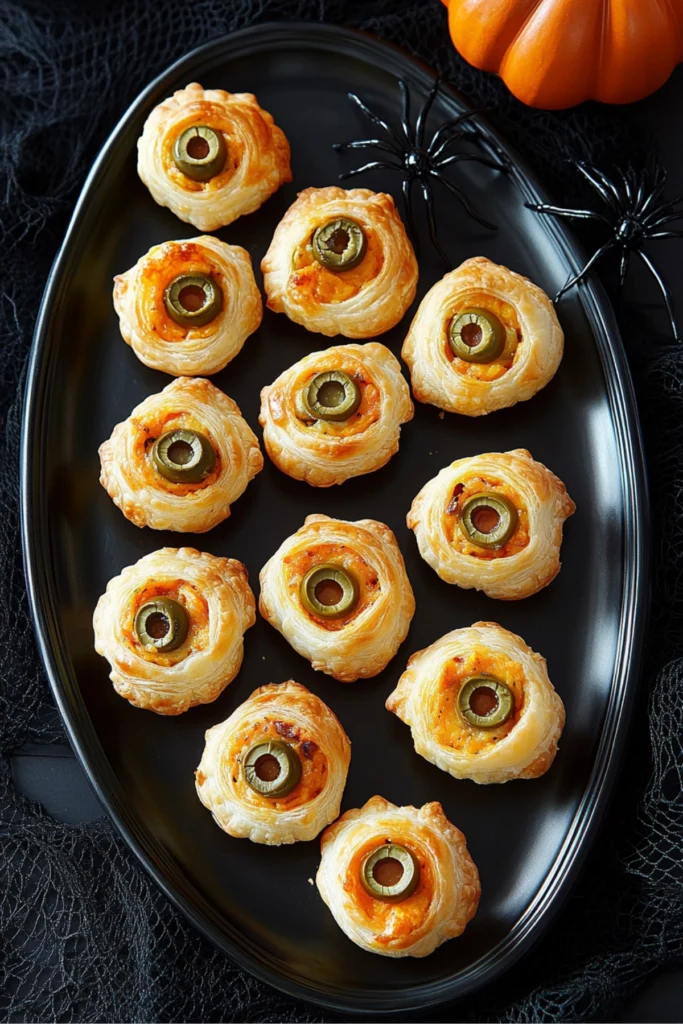 Halloween puff pastry eyeballs made with green olives and cheese on a black serving platter