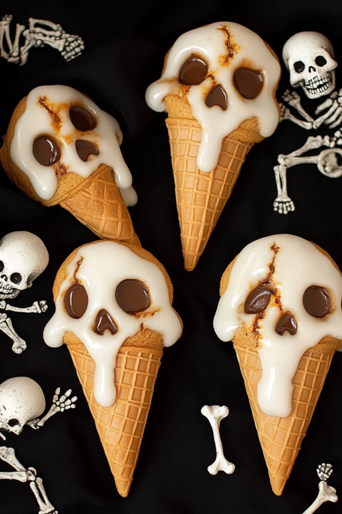 Detailed Halloween skull ice cream cone cookies with dripping icing, surrounded by mini skeletons, blood splatters, and bones on a dark background for a spooky festive atmosphere.