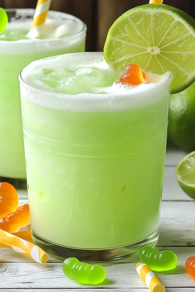 Pitcher and glasses of lime soda with foam, lime slices, and gummy worm garnishes on a rustic table.