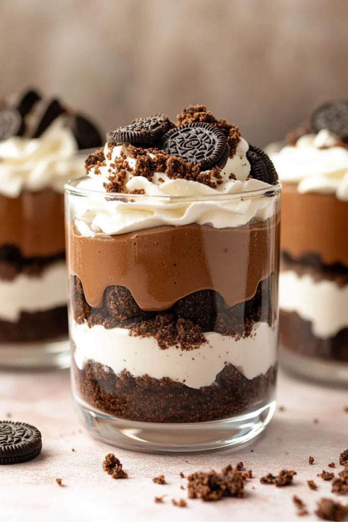 Mini berry cheesecake parfaits layered with compote, cream filling, and whipped topping in clear cups.