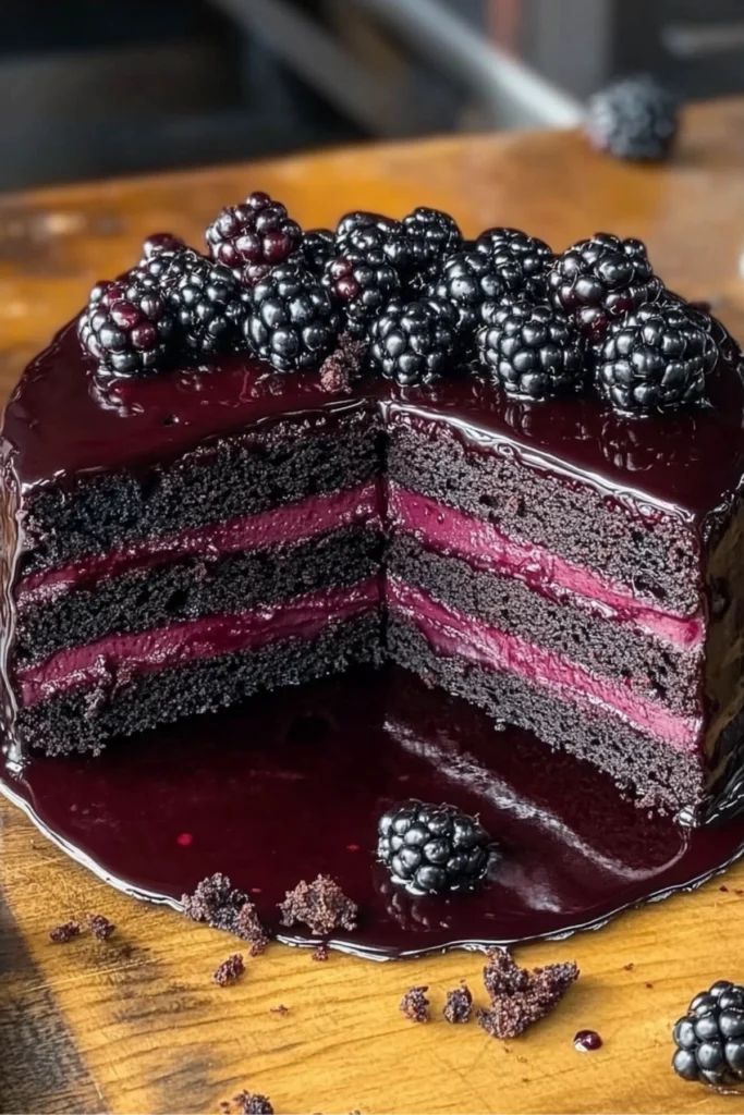 Five-layer dark chocolate and blackberry cake with glossy berry glaze and fresh blackberries on a rustic kitchen counter.