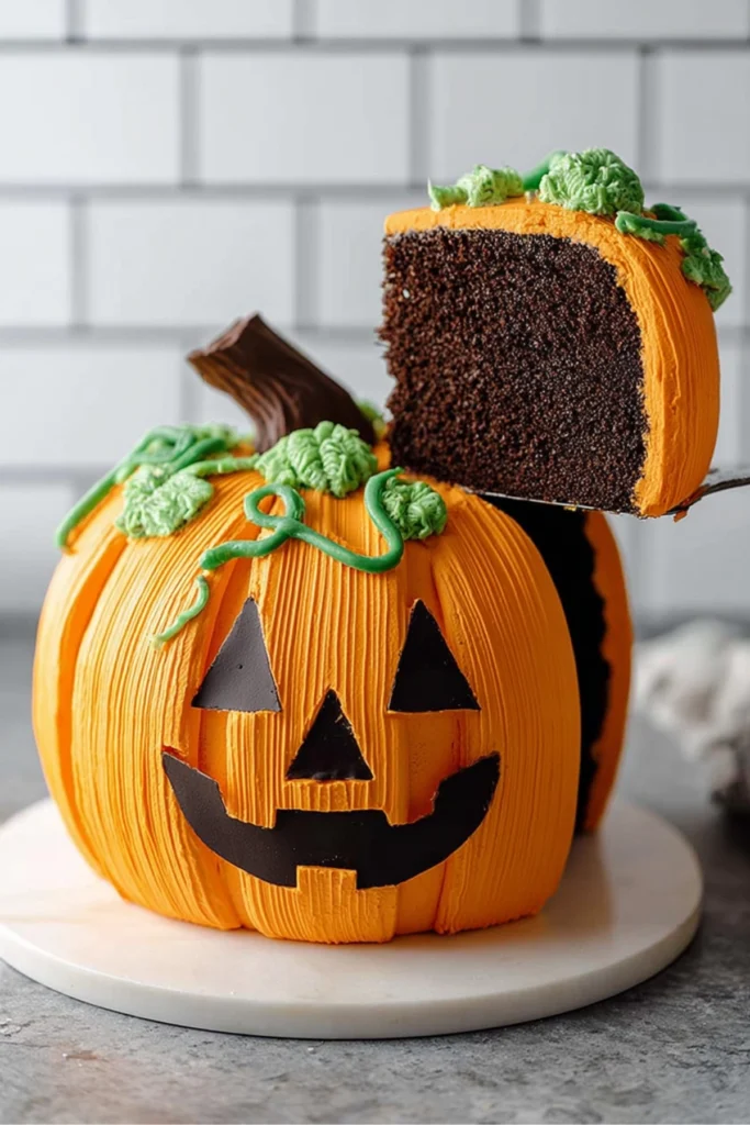 Pumpkin jack-o'-lantern cake with orange frosting, curly green fondant vines, and a sliced chocolate center.