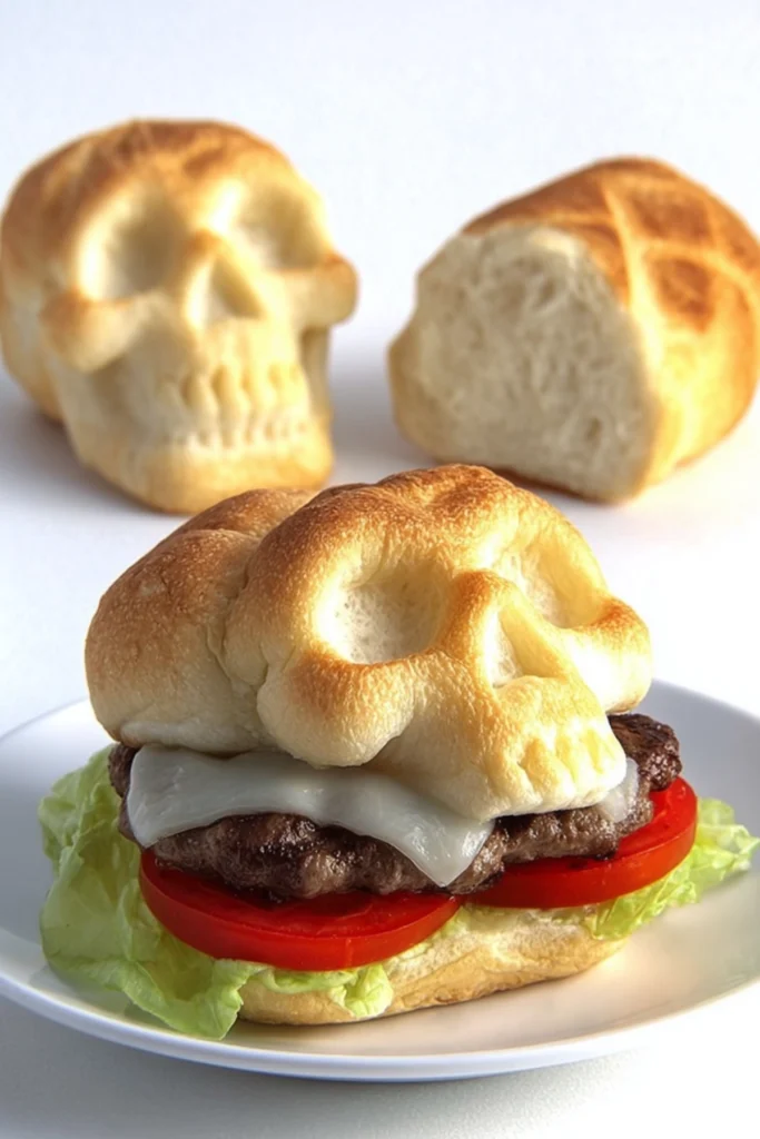 Two Halloween skull cheeseburger food scenes—one with tater tots on a black plate and another close-up of a skull burger on a white plate