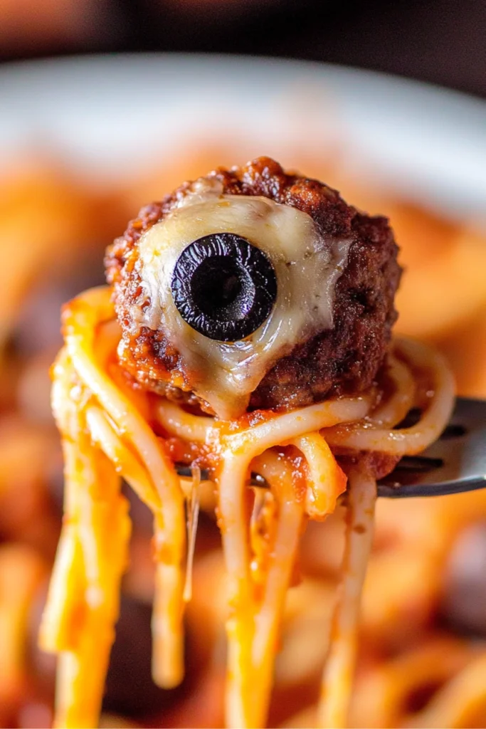 Close-up of spooky Halloween meatball with an olive eyeball on a forkful of spaghetti