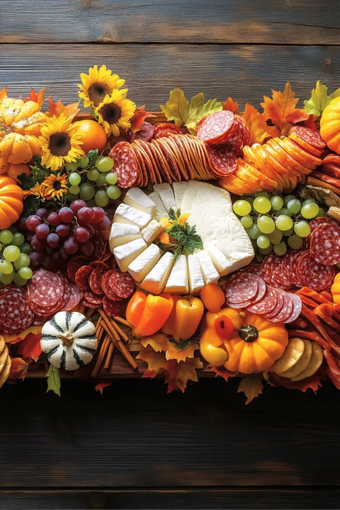 Autumn harvest charcuterie board with sliced meats, cheeses, grapes, mini pumpkins, and fall florals on a rustic wood surface.