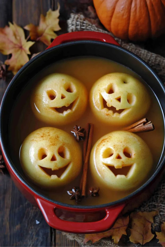Apple cider with jack-o’-lantern carved apples and cinnamon sticks in red pot on wooden table