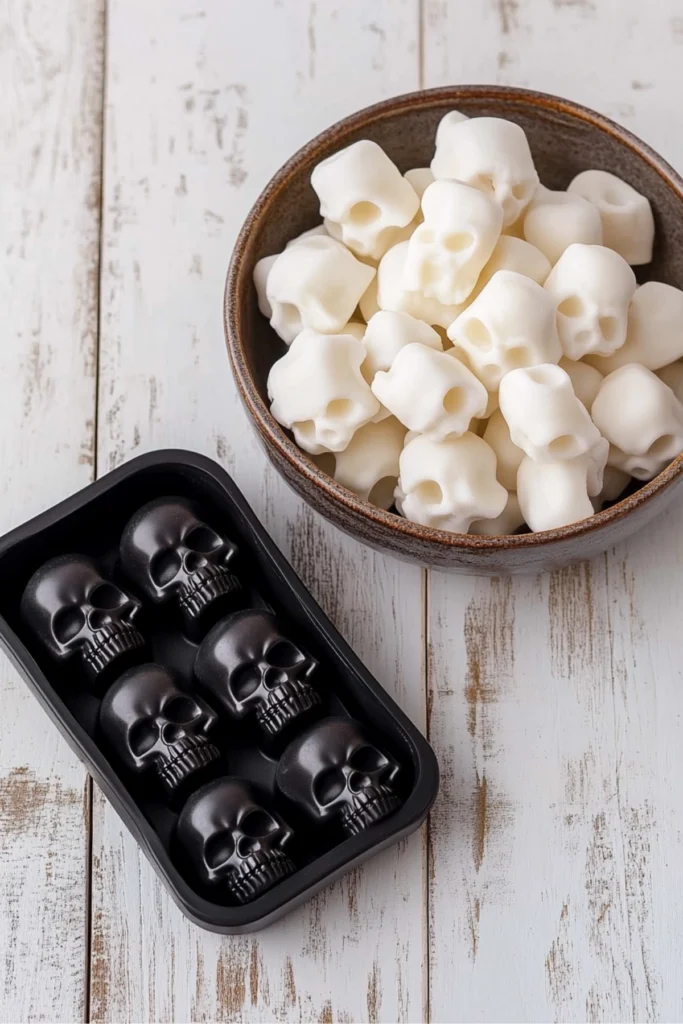 Silicone skull candy mold next to a bowl of white Halloween candies on a rustic wooden table
