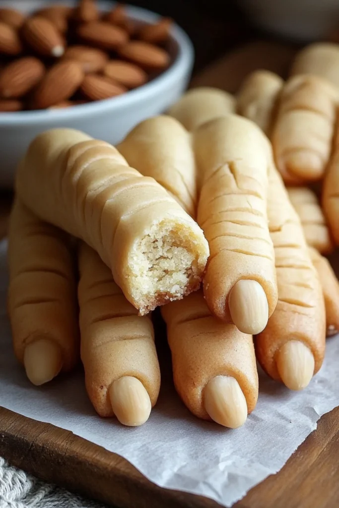 Bitten Halloween finger cookie showing soft crumb with almond nail on wooden board.