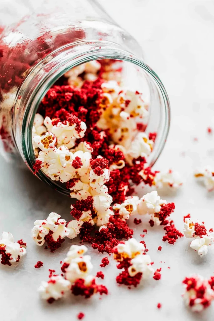 "Glass jar spilling red velvet popcorn onto a marble surface with crumbs scattered around."
