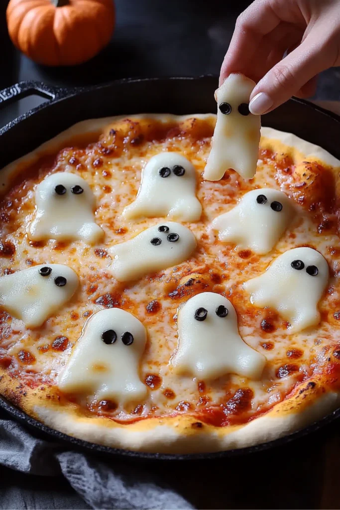 A hand placing cheese ghosts on a Halloween pizza with melted cheese and black olive faces, in a cast iron pan.