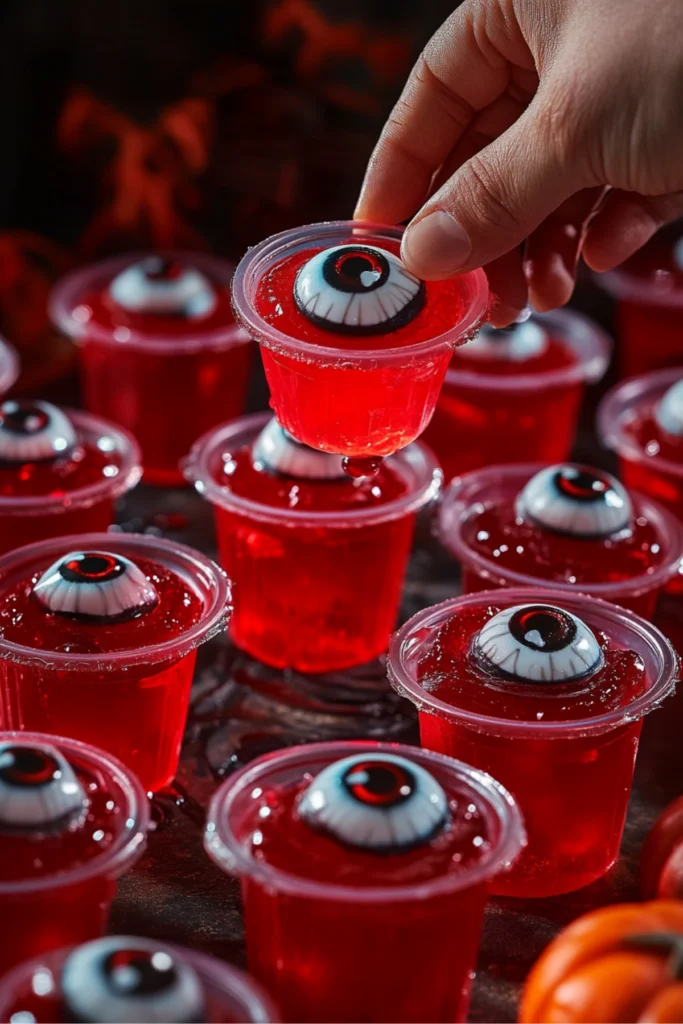 Close-up of a red jelly cup with a candy eyeball, perfect Halloween treat.