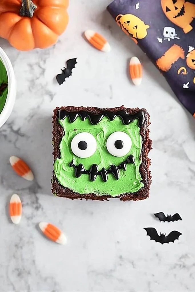 Halloween brownie with green Frankenstein frosting, black icing hair, and candy eyes, surrounded by candy corn and Halloween-themed decorations.