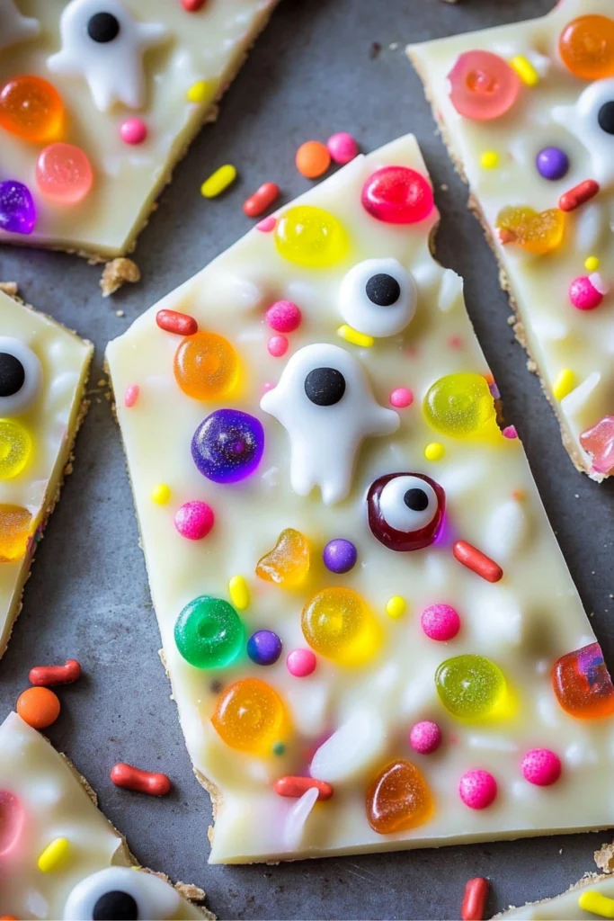 Close-up of white chocolate bark broken into pieces, decorated with colorful sprinkles, gummy candies, and ghost-shaped candy pieces with googly eyes, giving a playful, Halloween-inspired look.