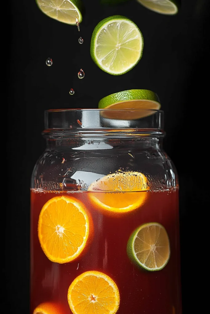 Fresh lime slices falling into a jar of Halloween punch with floating orange wheels and juicy red color.