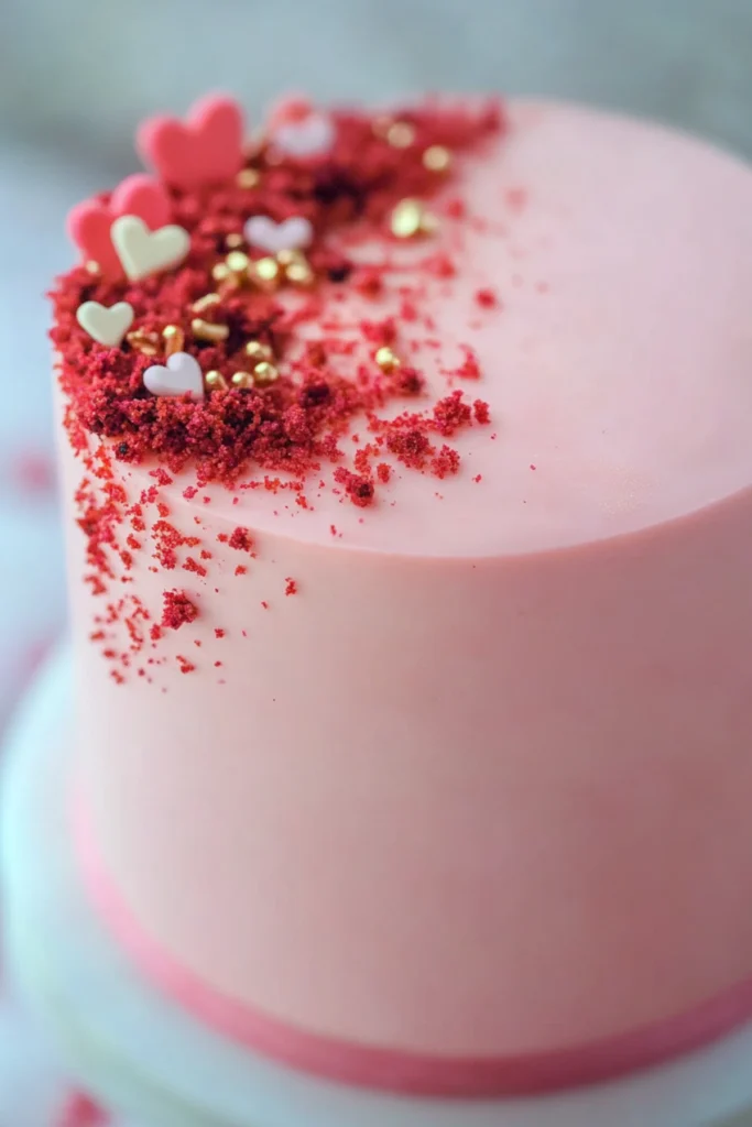 Close-up of a pink cake decorated with red velvet crumbs and heart-shaped sprinkles.