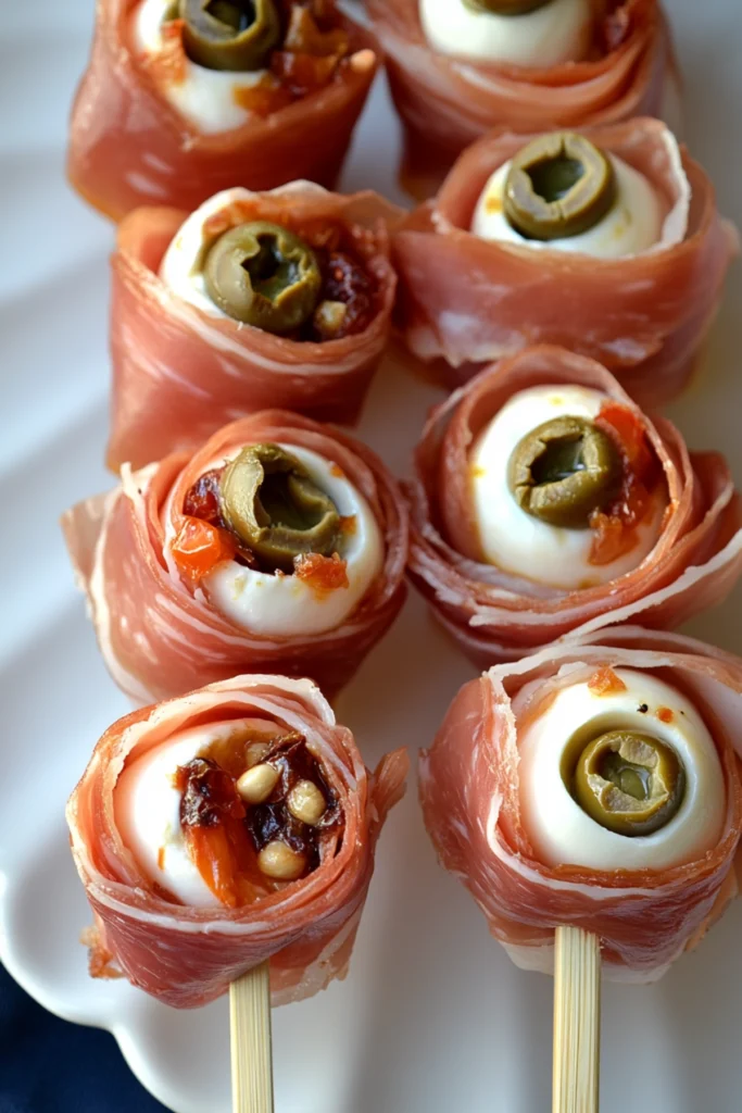 Elegant Halloween appetizer skewers with mozzarella eyeballs wrapped in prosciutto and topped with capers and olives.