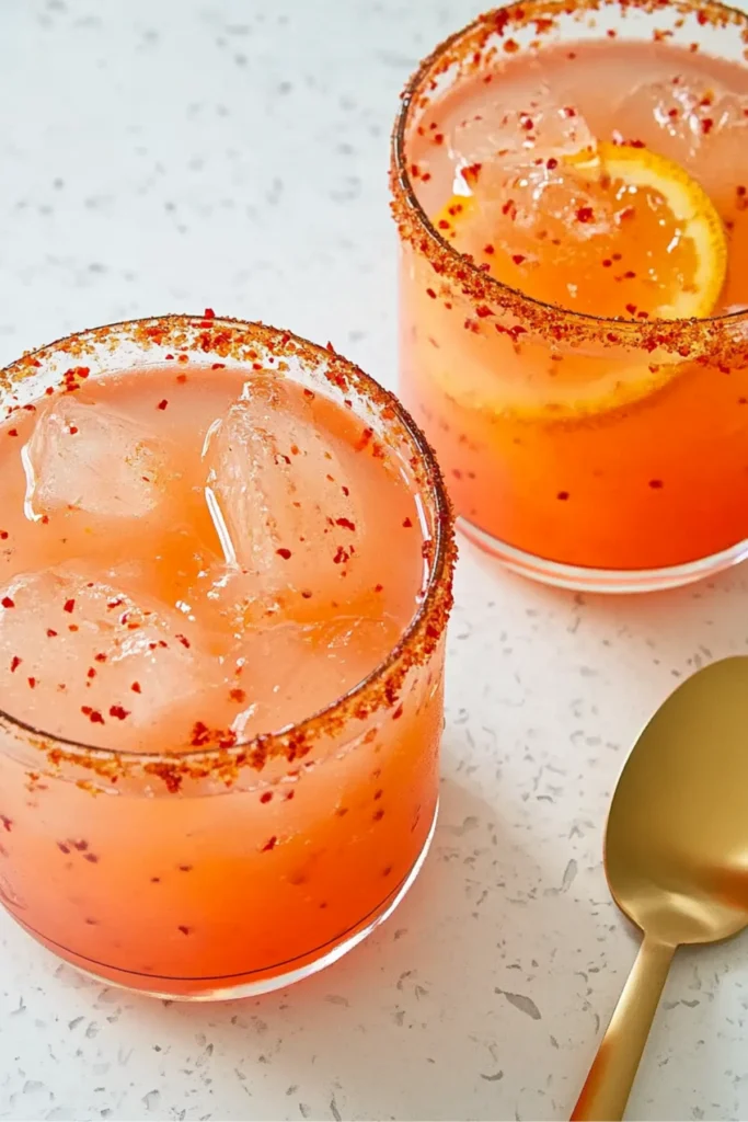 Top-down view of two orange chili-lime cocktails with Tajin rim and ice on a terrazzo counter.