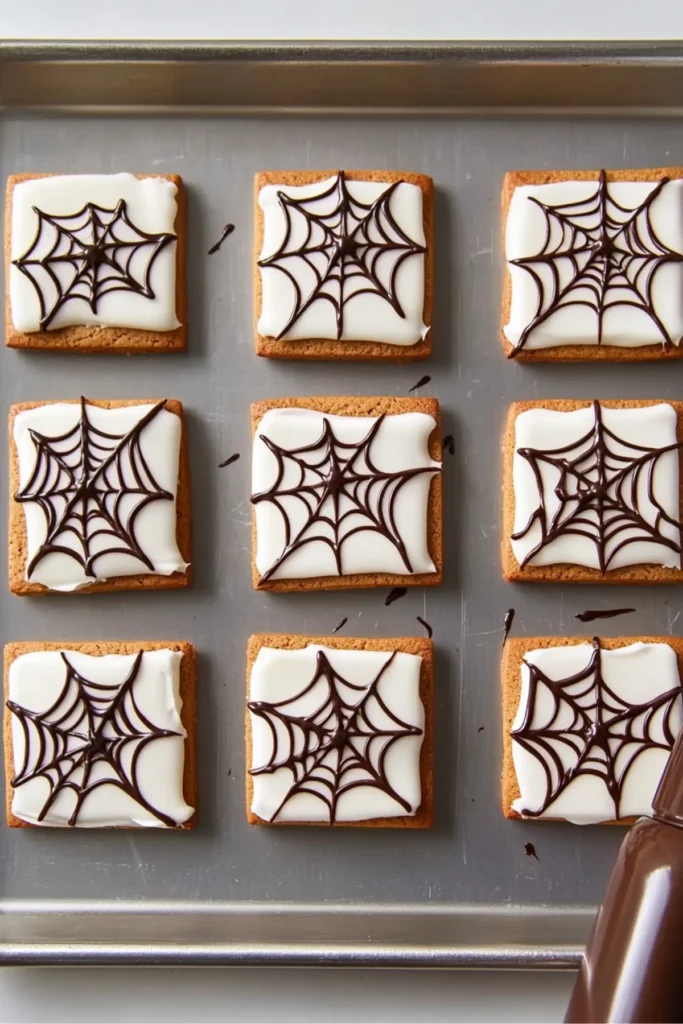 Halloween-themed cookies with white icing and chocolate spiderweb designs on a baking tray, shot from above.