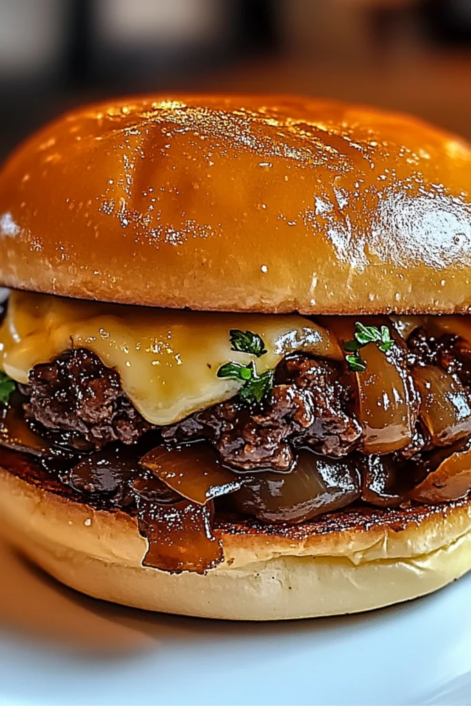 A close-up of a delicious beef sandwich with caramelized onions, melted cheese, and savory sauce on a toasted brioche bun.