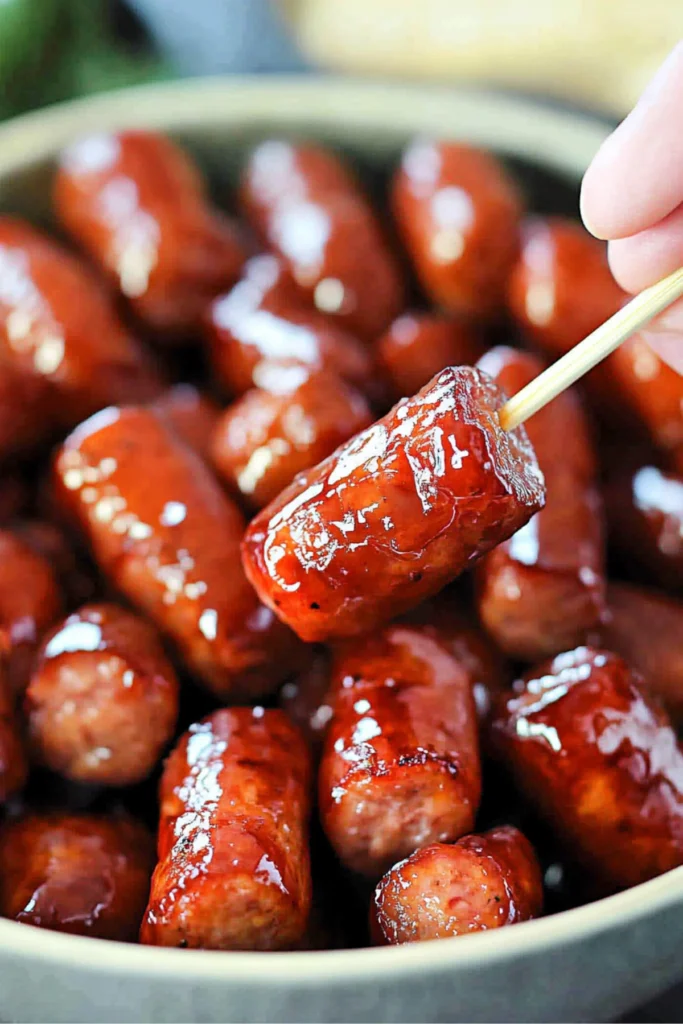 Close-up of skewered glazed sausage pieces in a bowl, with a hand holding a skewer to pick one sausage.