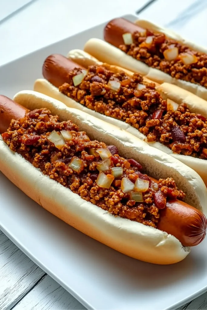 Delicious hot dogs topped with a savory chili made of ground meat, tomatoes, and spices, served in soft, fresh buns with a clean, bright background.