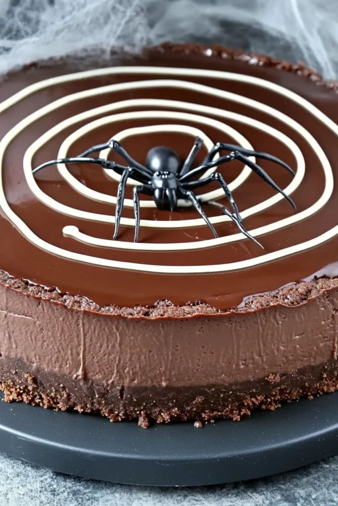 Close-up Halloween chocolate cheesecake with spider web ganache and biscuit base on dark plate.