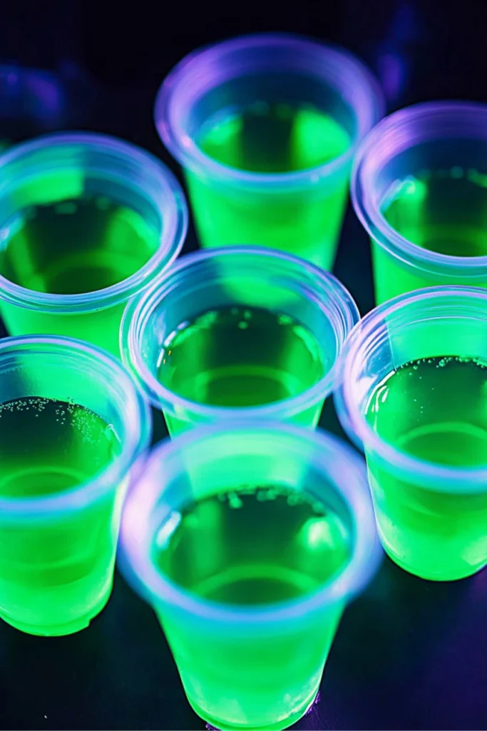 Close-up shot of clear plastic cups filled with glowing neon green liquid against a dark background, creating a vibrant and captivating effect