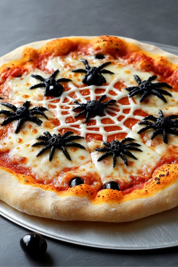 Halloween spider pizza with black olive spiders and melted cheese web on tomato sauce base