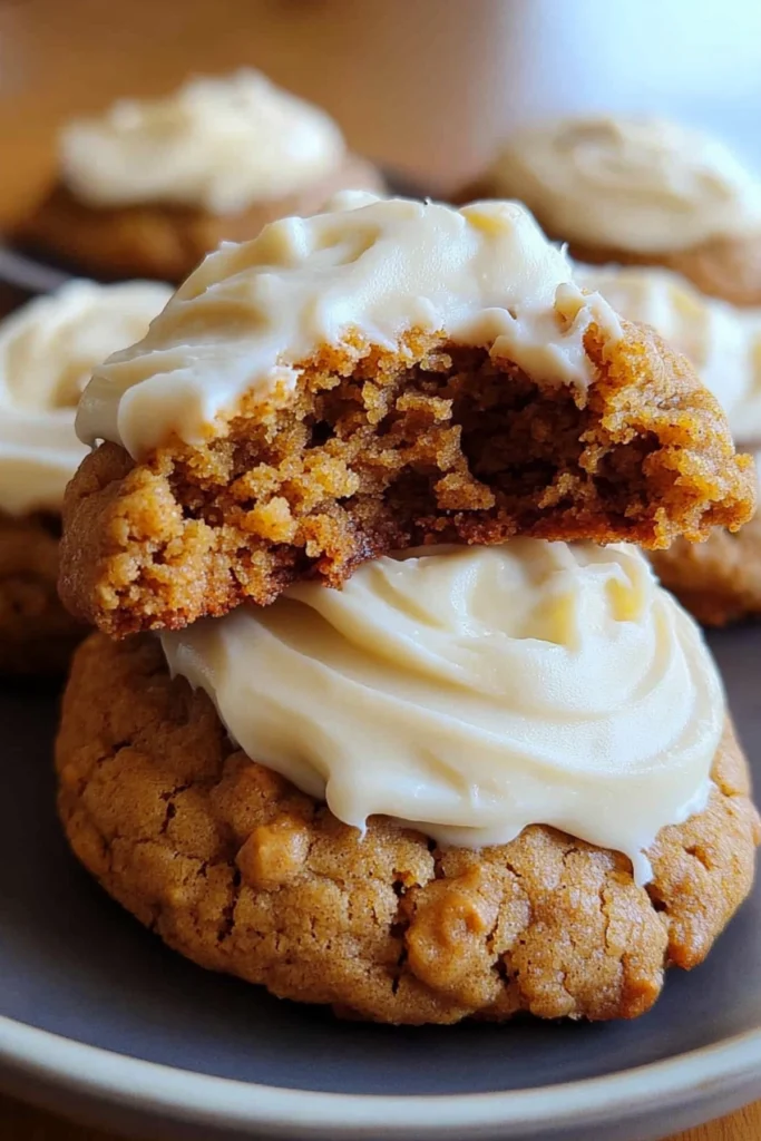 Close-up of spiced cookies with creamy frosting, one with a bite taken out