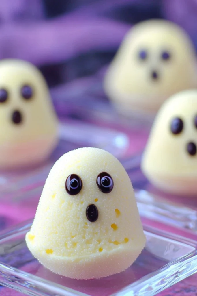 Close-up of Halloween cheesecake ghost desserts with candy eyes on a colorful background