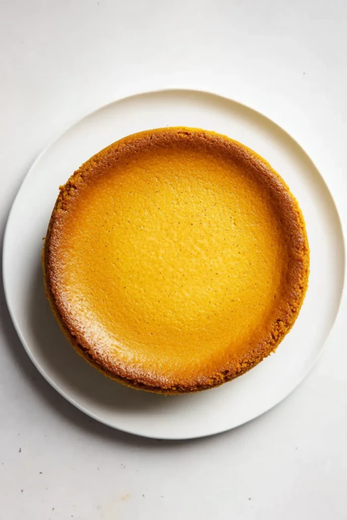 Overhead view of a plain pumpkin cheesecake on a white plate with a smooth golden top.