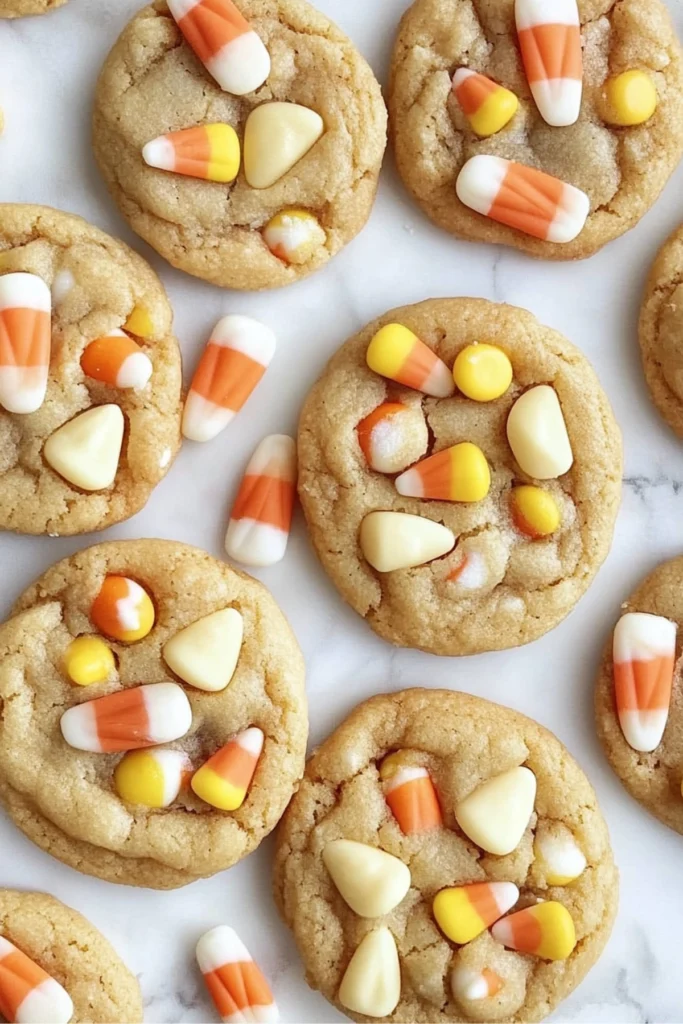 Close-up of Halloween cookies with candy corn and white chocolate chips on a white marble surface.