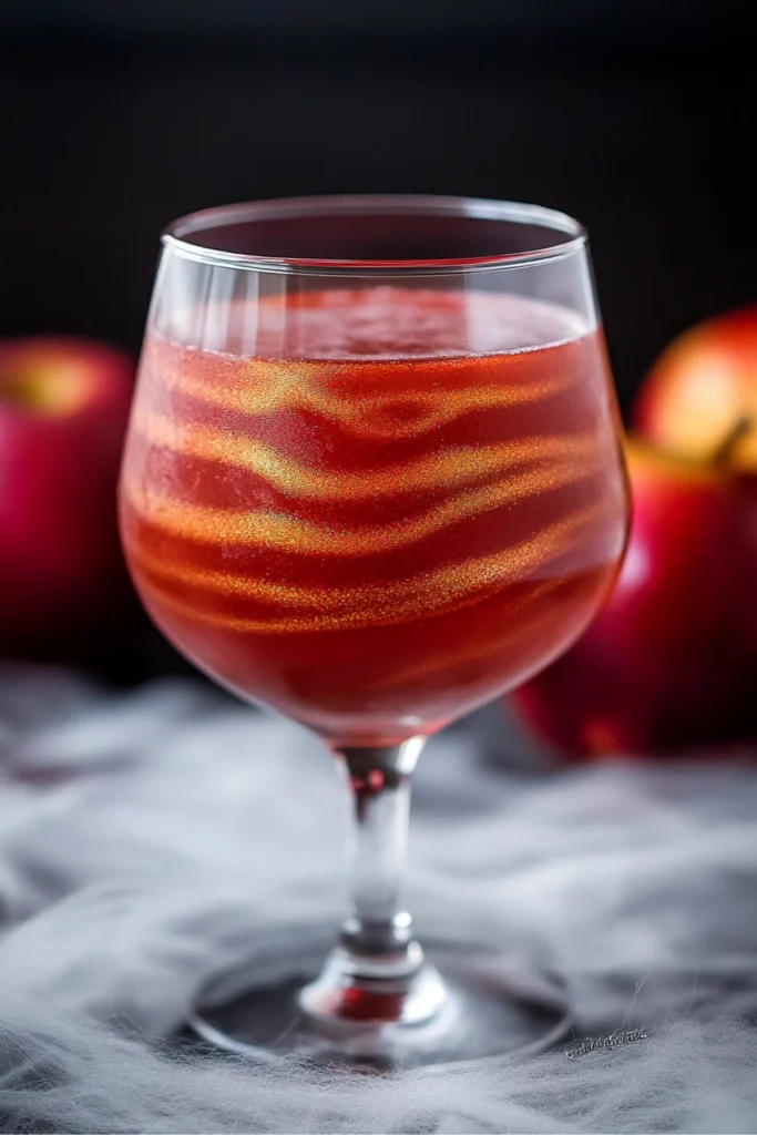 Shimmery red autumn cocktail with golden swirls in a snifter glass surrounded by fall-themed decor.