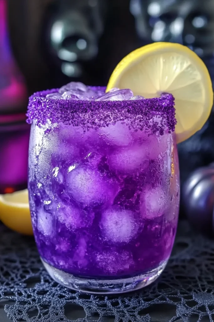 Chilled purple Halloween cocktail with crushed ice, lemon slice, and sugar rim