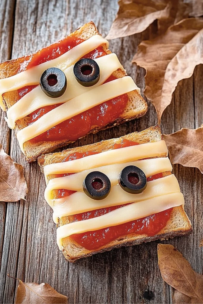 Halloween mummy toast made with cheese, ketchup, and olive eyes on rustic wooden background.
