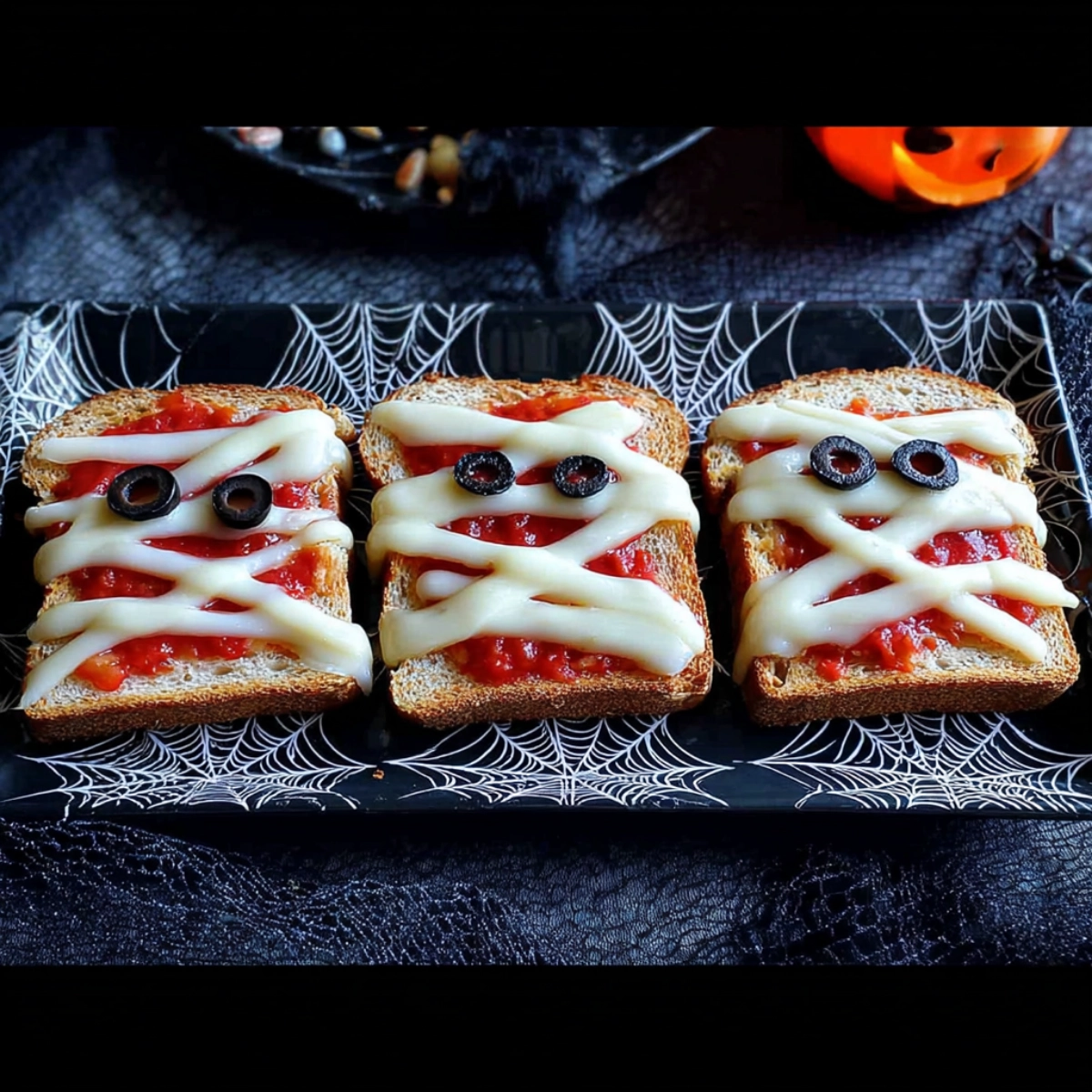 Mummy toast Halloween pizzas with melted mozzarella and olive eyes on spiderweb tray