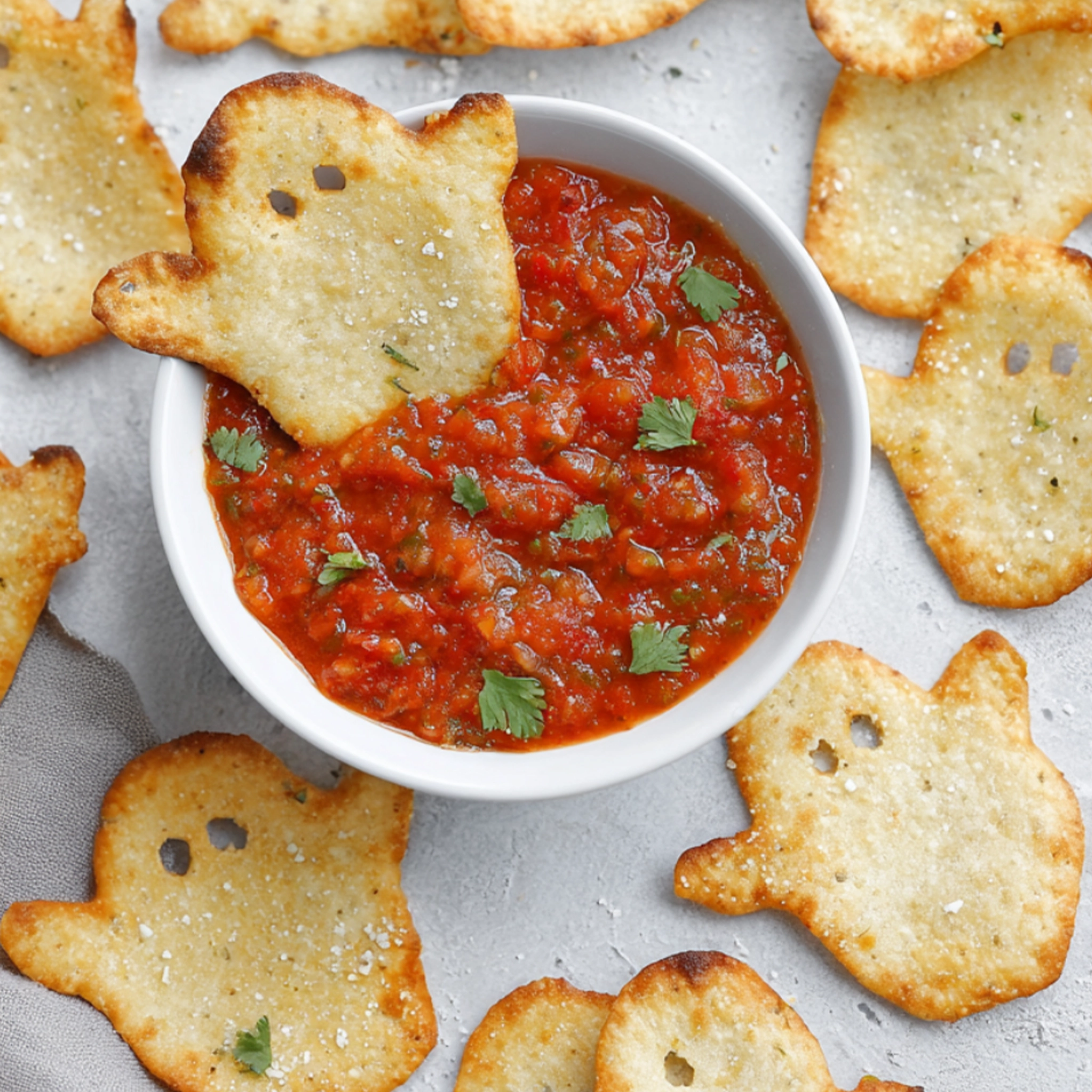 Ghost-shaped tortilla chips with salsa dip on a white background.
