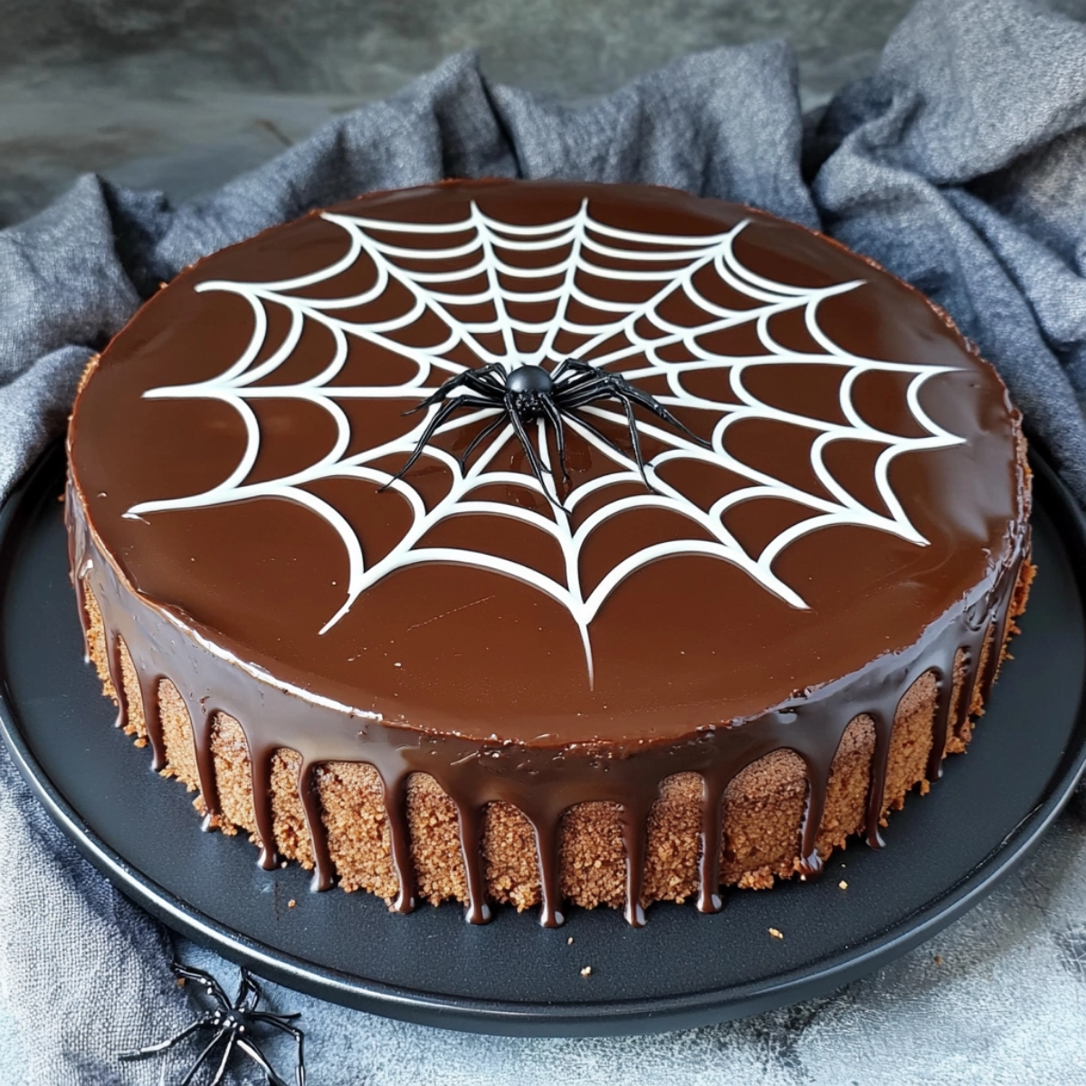 Realistic Halloween chocolate cheesecake with spider web ganache and plastic spiders on dark background.