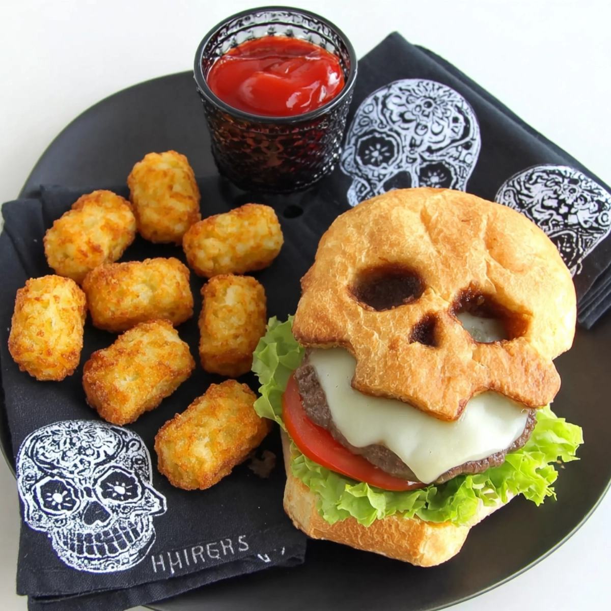 Halloween skull burger with melted cheese and tater tots on black plate with themed napkin