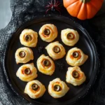 Spooky Halloween puff pastry eyeballs with green olives and cheese on a black serving plate