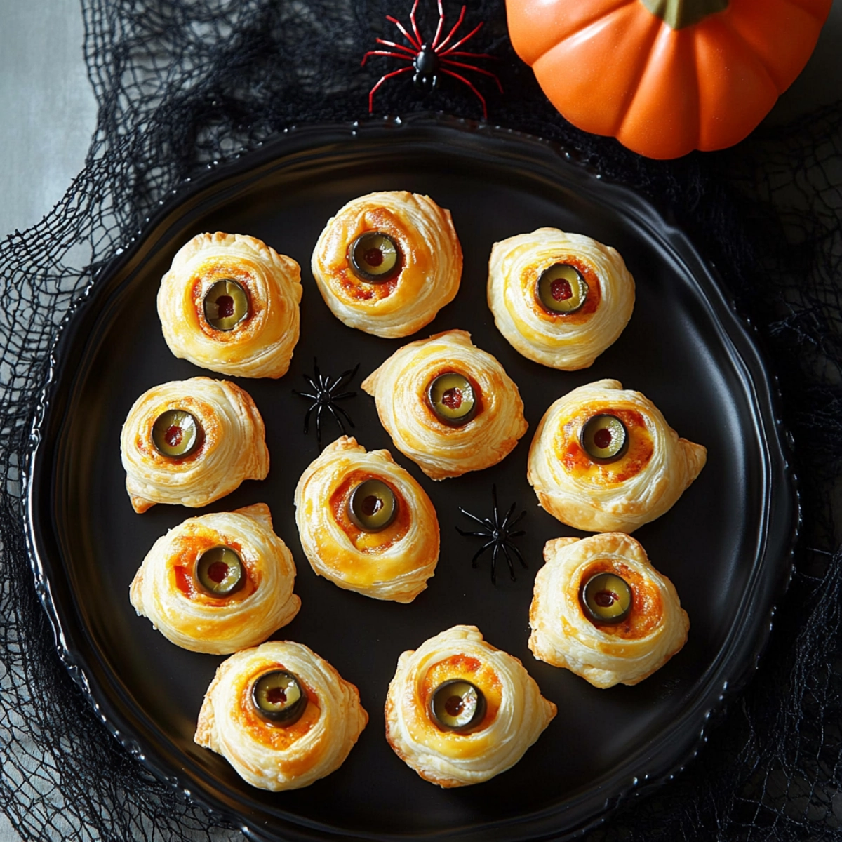 Spooky Halloween puff pastry eyeballs with green olives and cheese on a black serving plate