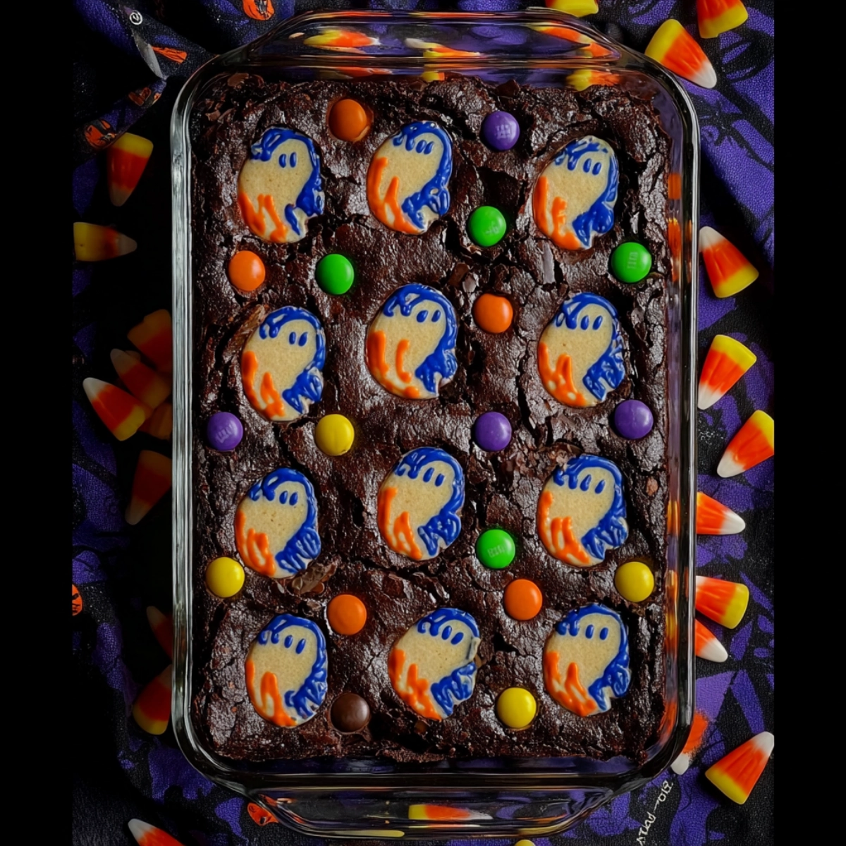 Halloween ghost brownies with candy toppings in a glass dish, surrounded by festive Halloween candy.