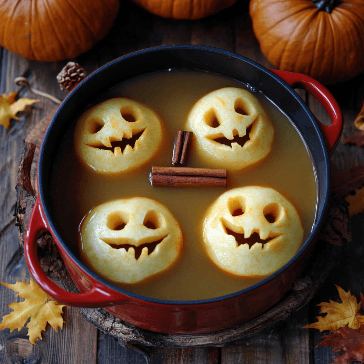 Carved apple jack-o’-lanterns floating in apple cider with cinnamon sticks in a red pot