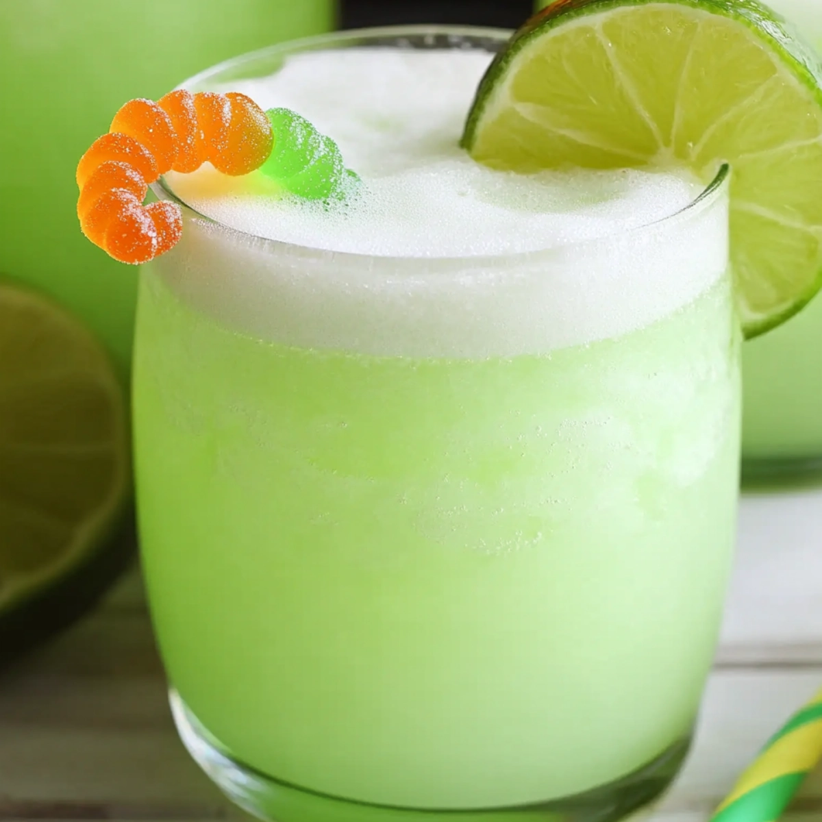 Bright green frozen lime slush in a clear glass, topped with foam and garnished with a gummy worm and lime slice.
