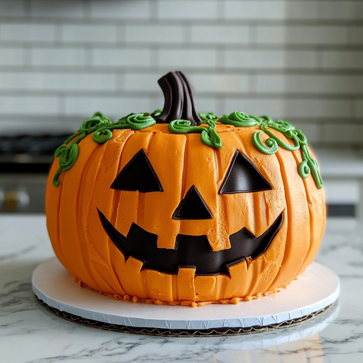 Realistic pumpkin-shaped jack-o'-lantern cake with orange frosting and green fondant vines on a marble counter.