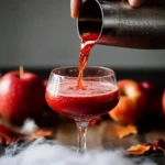 Close-up of a Halloween-themed blood-red cocktail being poured into a snifter glass with fall decorations.