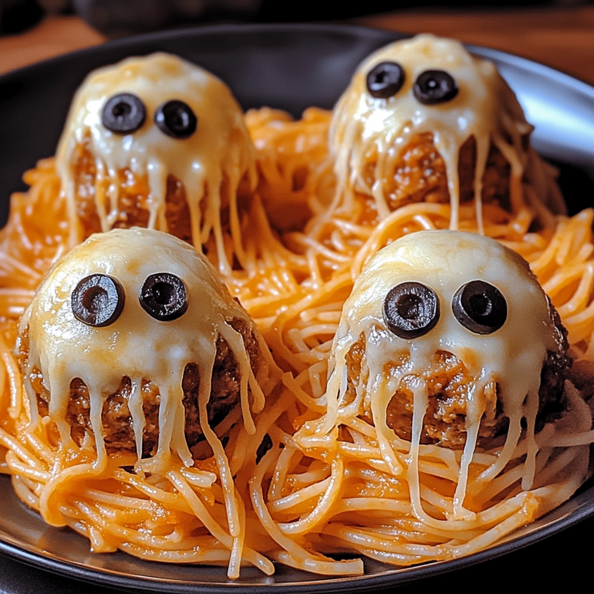 Halloween ghost meatballs on spaghetti with mozzarella cheese and olive eyes on a dark plate