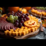 Halloween charcuterie board with cheddar cheese jack-o'-lantern, salami, grapes, and candy corn on a rustic wood board.