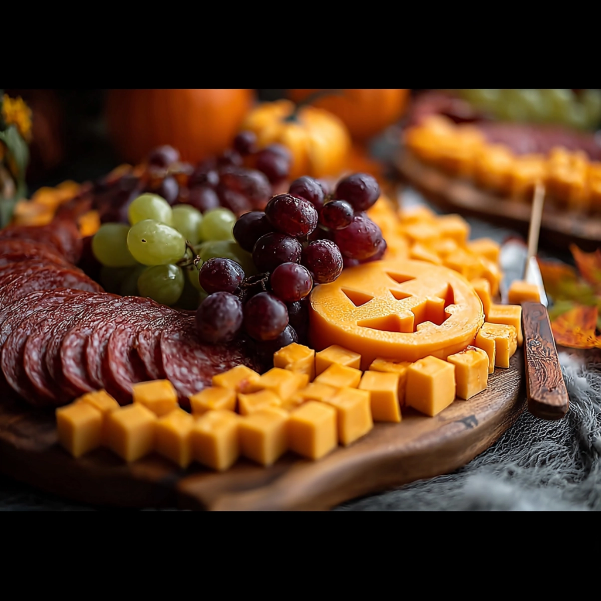 Halloween charcuterie board with cheddar cheese jack-o'-lantern, salami, grapes, and candy corn on a rustic wood board.