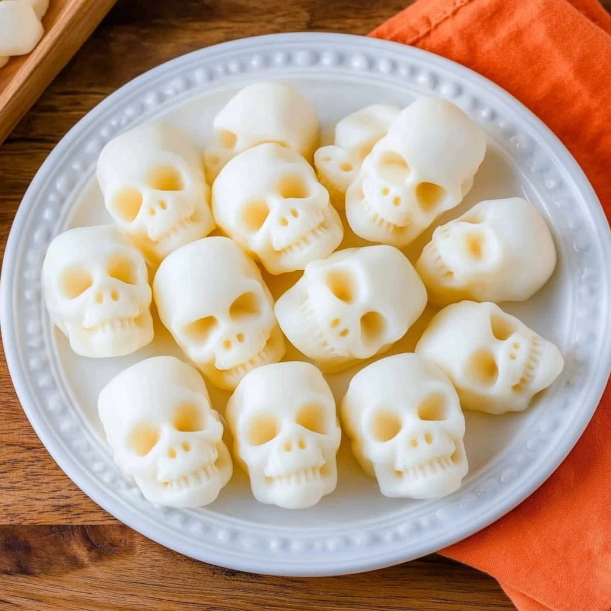 Creamy white skull-shaped Halloween candies arranged on a plate